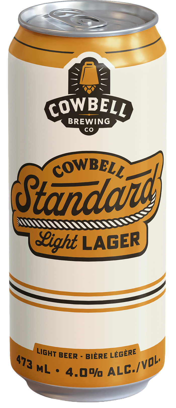 Cowbell Standard Light Lager can with branding and product details.