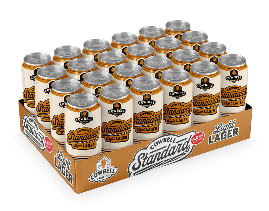 Case of Cowbell Standard Light Lager beer cans on a white background